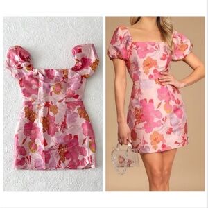 NWOT Lulus So Stunning Orange Multi Floral Jacquard Puff Sleeve Mini Dress Small